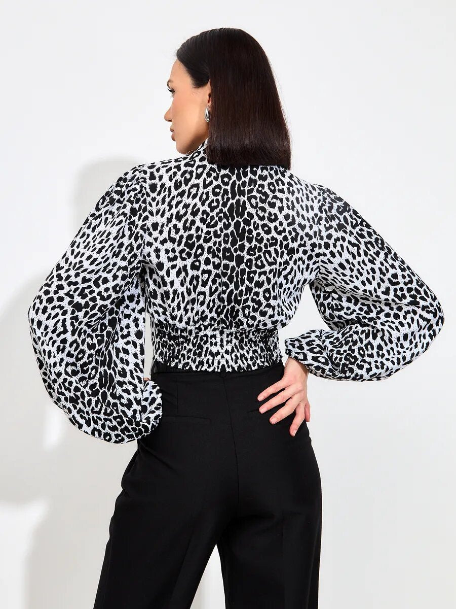 Women's Leopard Jacquard V-Neck Balloon Sleeve Blouse