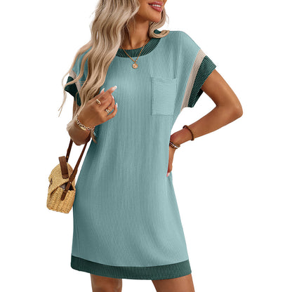 Color Block Ribbed T Shirt Dress Pocket Casual Summer
