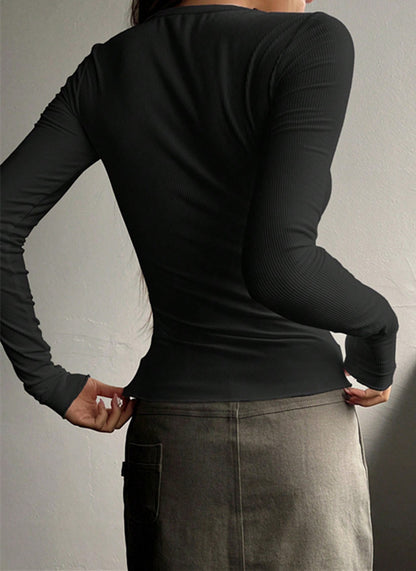 Women's Ribbed Henley Long Sleeve Fitted Knit Top