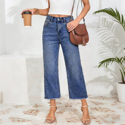Women's High Waist Vintage Wash Stretch Cropped Jeans