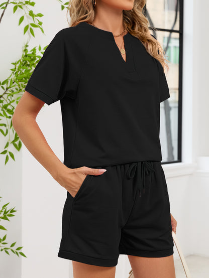 V Neck Knit Top and Drawstring Shorts Summer Set