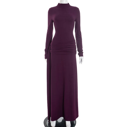 Elegant Mock Neck Long Sleeve Ruched Sash Maxi Dress