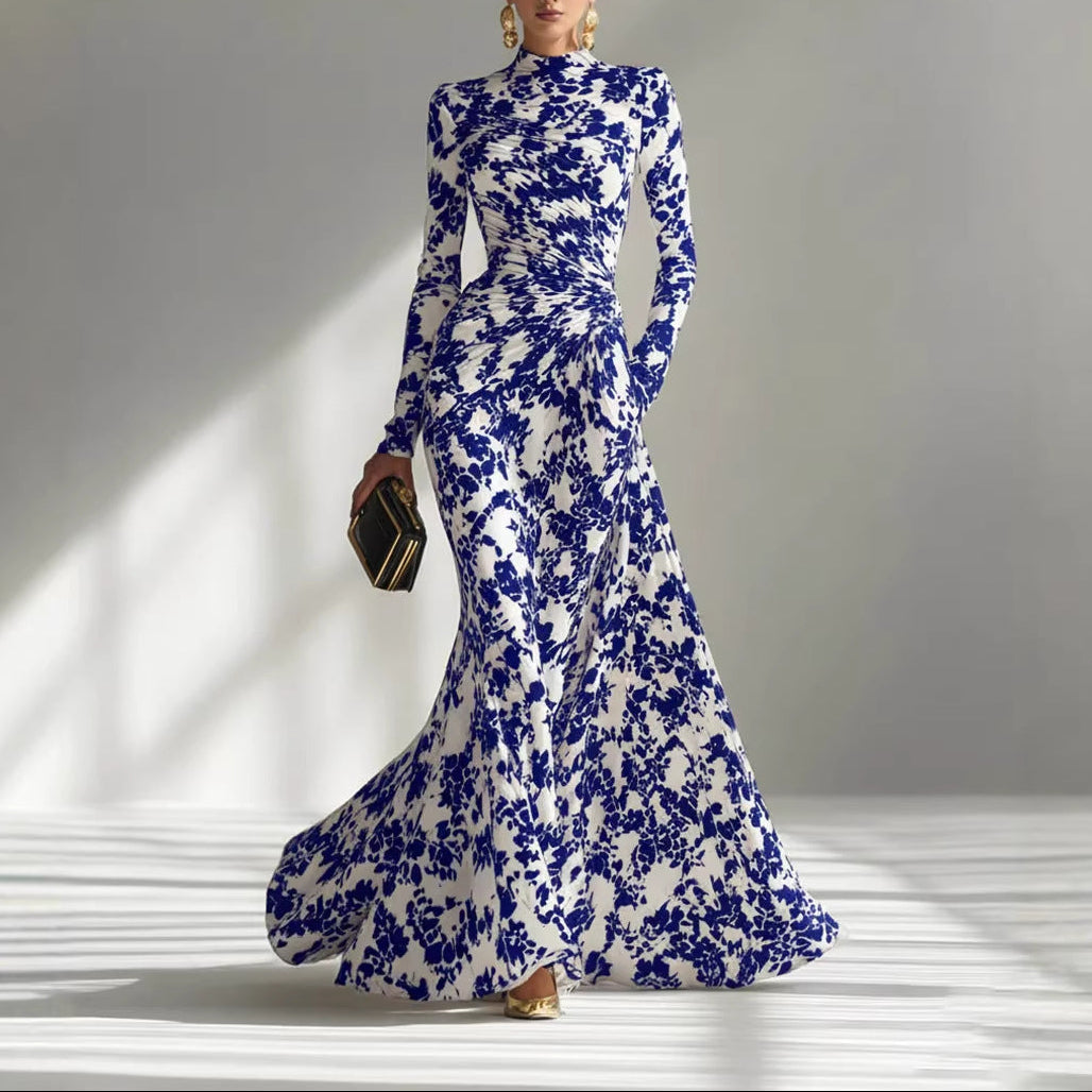 Women's Elegant Floral Ruched Long Sleeve Maxi Dress