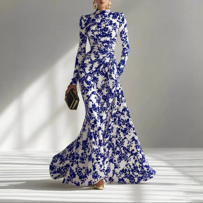 Women's Elegant Floral Ruched Long Sleeve Maxi Dress