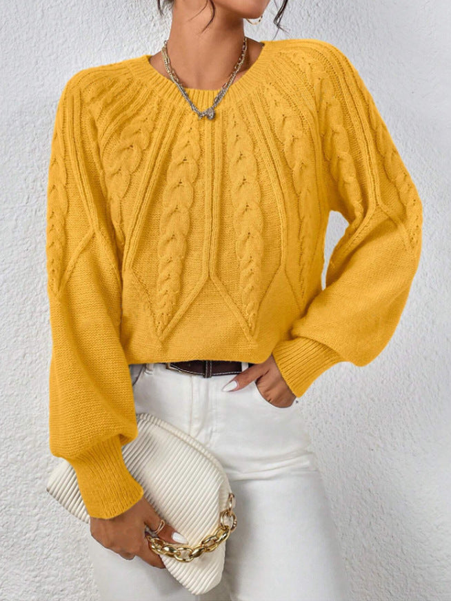 Women's Cable Knit Balloon Sleeve Crew Neck Sweater