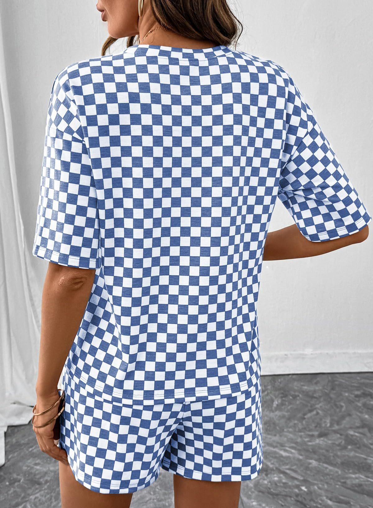 Rose Red Checkerboard Tee and Drawstring Shorts Set