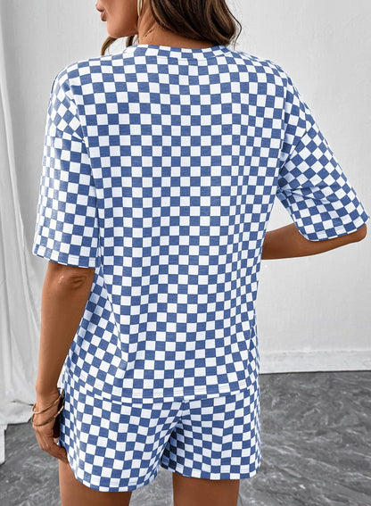 Rose Red Checkerboard Tee and Drawstring Shorts Set
