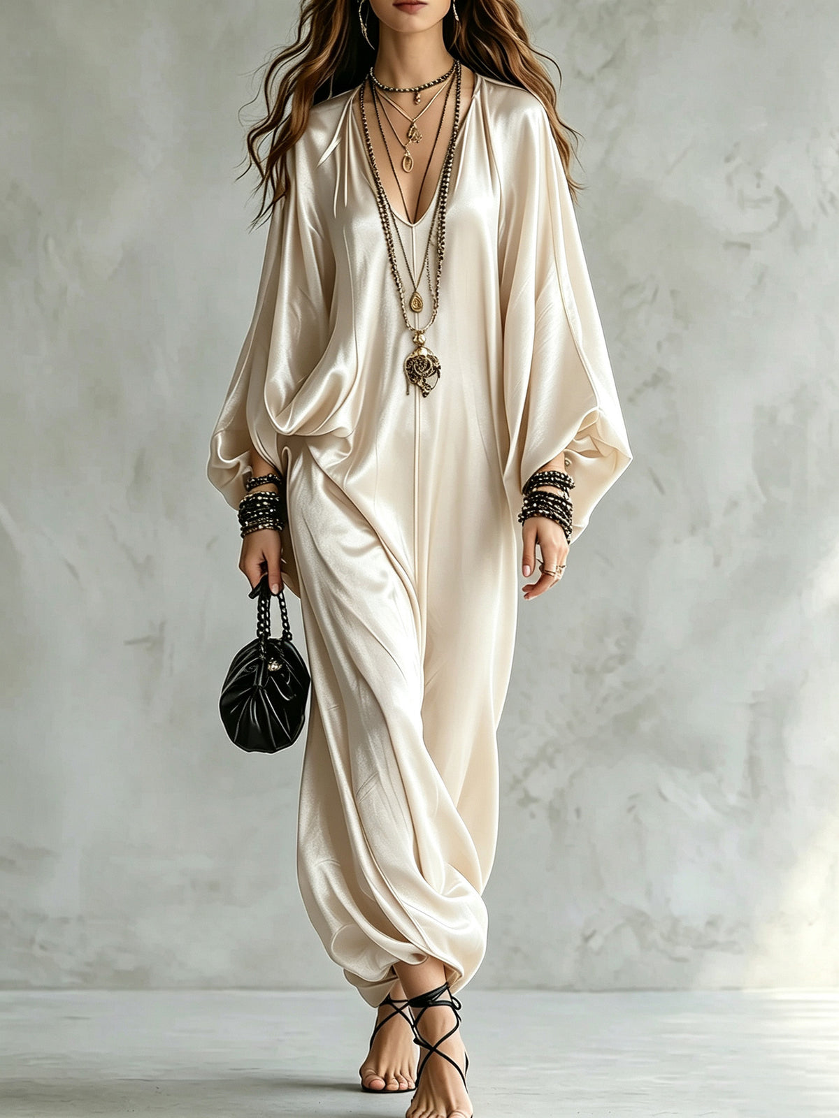 Women's Satin Wide Leg Jumpsuit V-Neck Batwing Plus Size