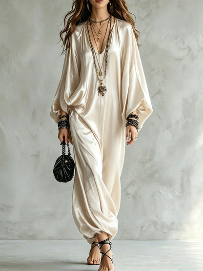 Women's Satin Wide Leg Jumpsuit V-Neck Batwing Plus Size