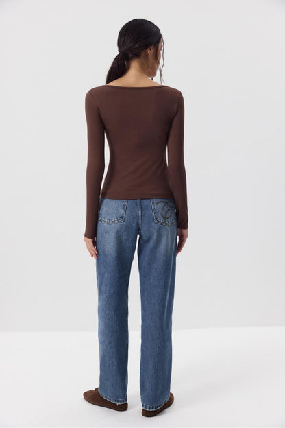Women's Soft Modal U-Neck Button Fitted Long Sleeve Top