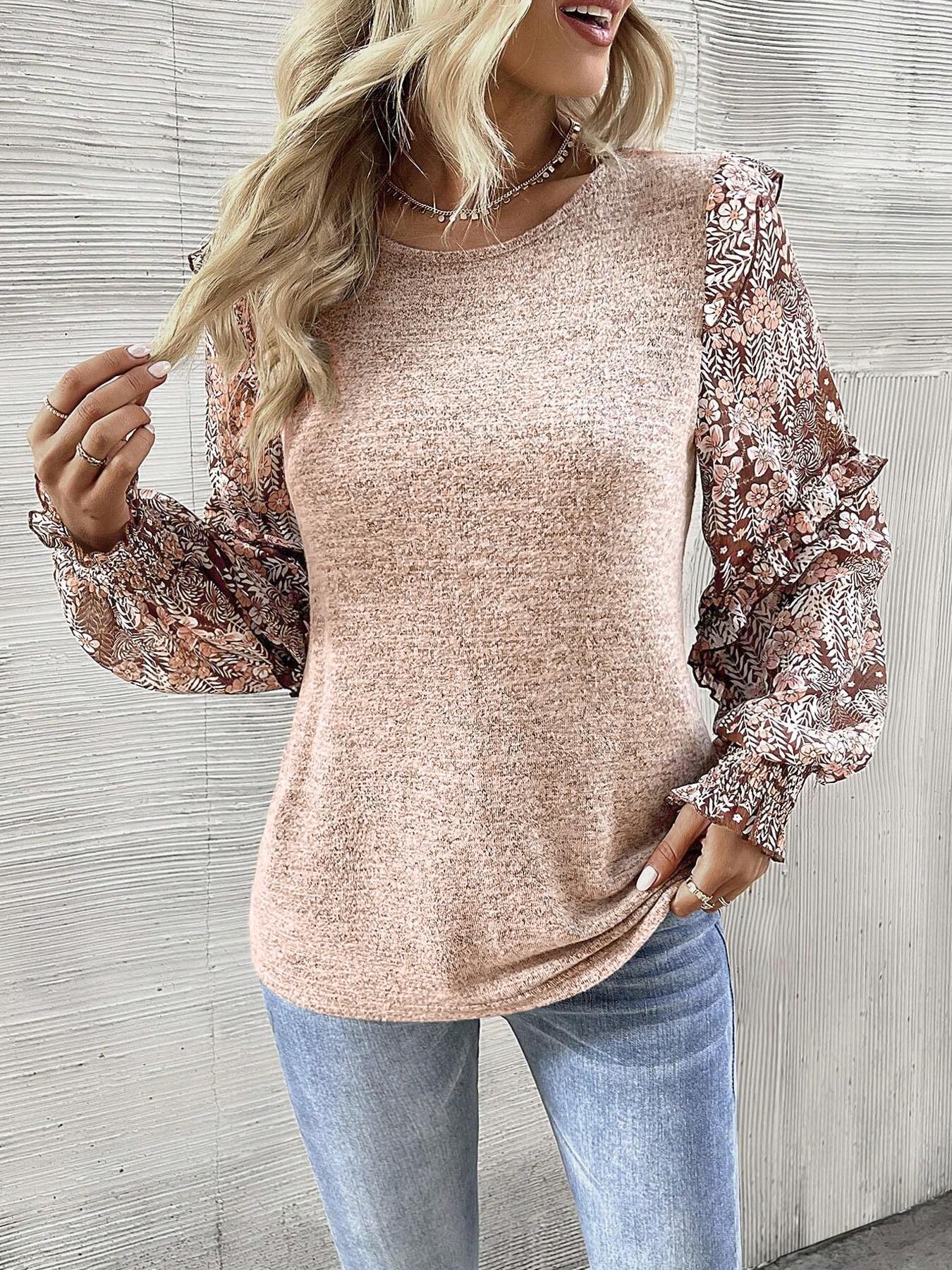 Women's Floral Puff Sleeve Ruffle Contrast Knit Blouse