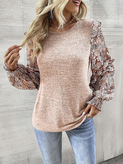Women's Floral Puff Sleeve Ruffle Contrast Knit Blouse