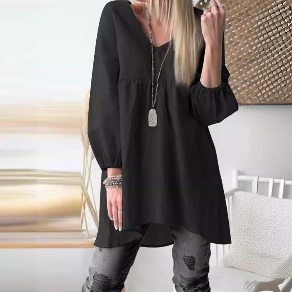 Women's V-Neck Balloon Sleeve Cotton Blend Tunic Top