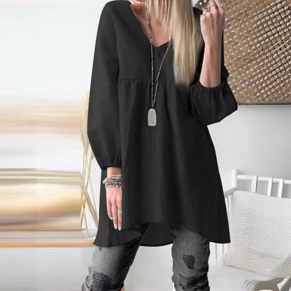 Women's V-Neck Balloon Sleeve Cotton Blend Tunic Top