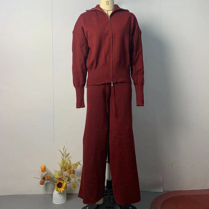 Women's Knit Lounge Set Zip Up Top Wide Leg Pants