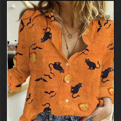 Women's Halloween Pumpkin Cat Button Up Blouse