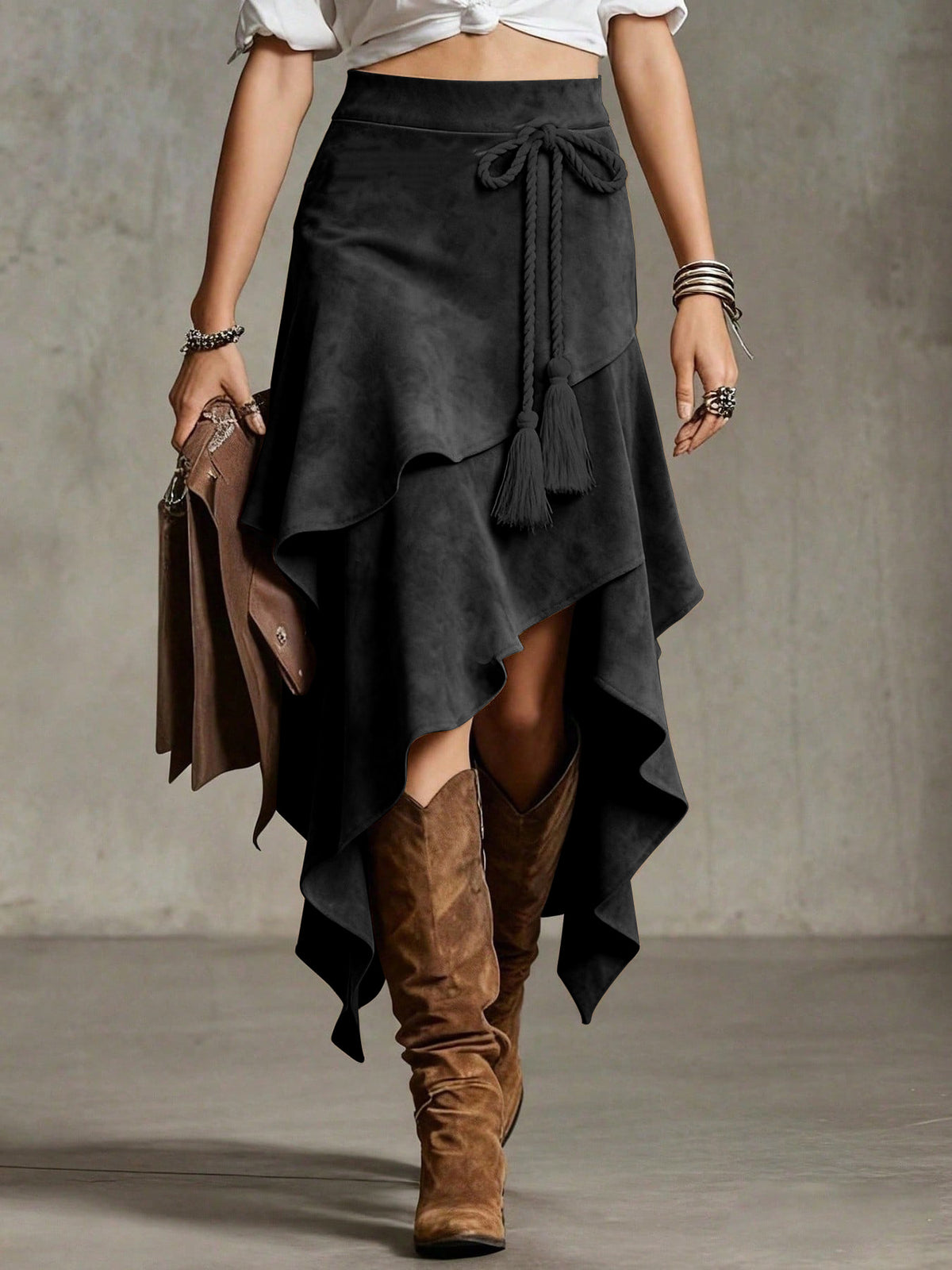 Western Faux Suede Asymmetrical Midi Skirt
