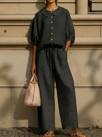 Women's Puff Sleeve Collared Shirt Wide Leg Pants Set
