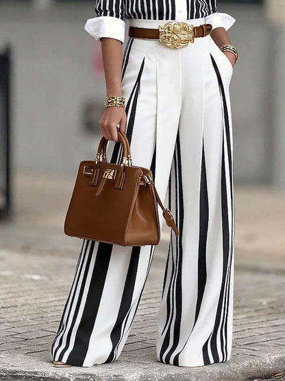 Striped Color Block Wide Leg Pants for Women