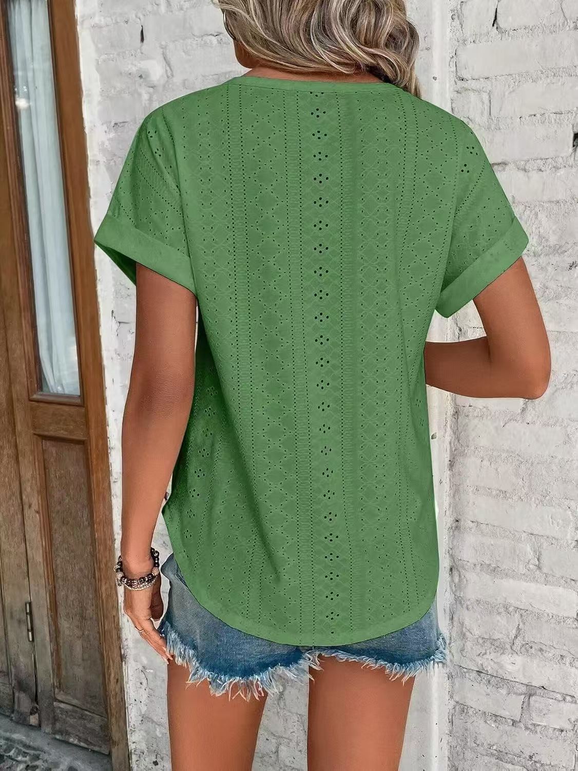 Solid Eyelet Short Sleeve Tee Loose Fit Casual Top