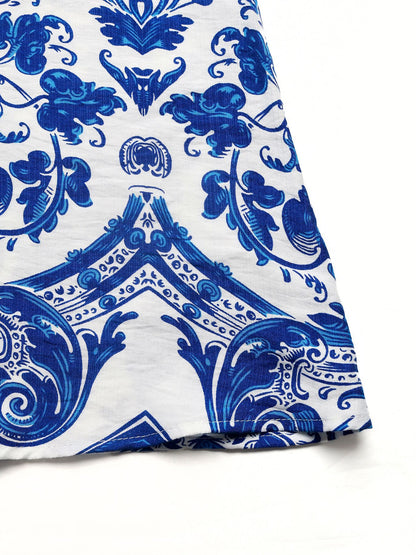 Blue Porcelain Halter Maxi Dress Vacation Beach Summer