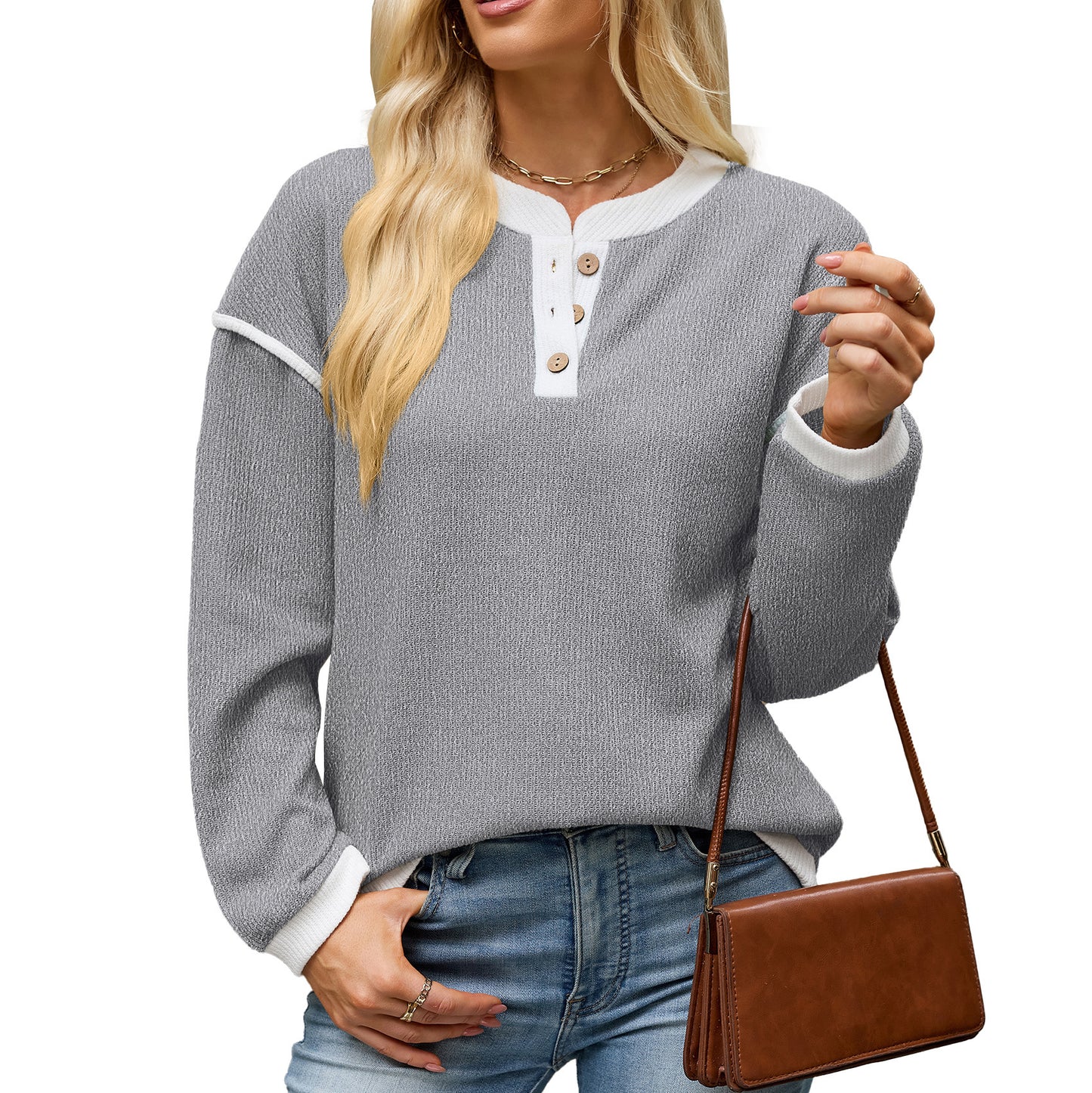 Women's Contrast Henley Long Sleeve Loose Casual Top
