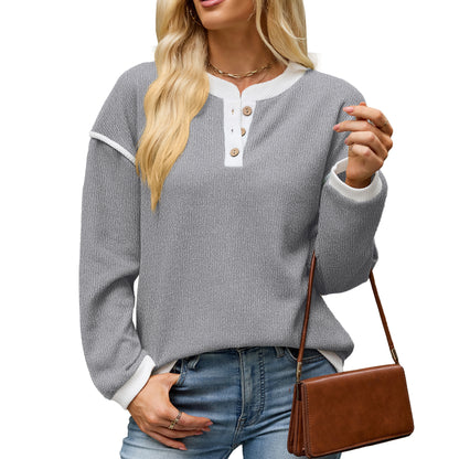 Women's Contrast Henley Long Sleeve Loose Casual Top