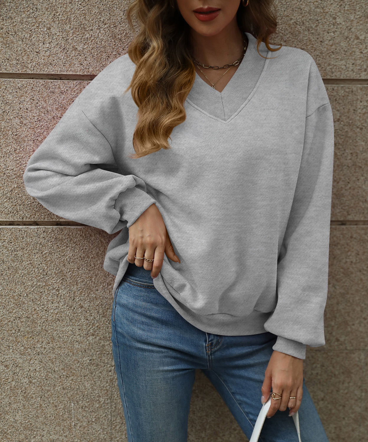 Colorblock V Neck Fleece Sweatshirt Women Casual Pullover Top