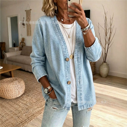 Women's Oversized Vintage Denim Jacket Button Front