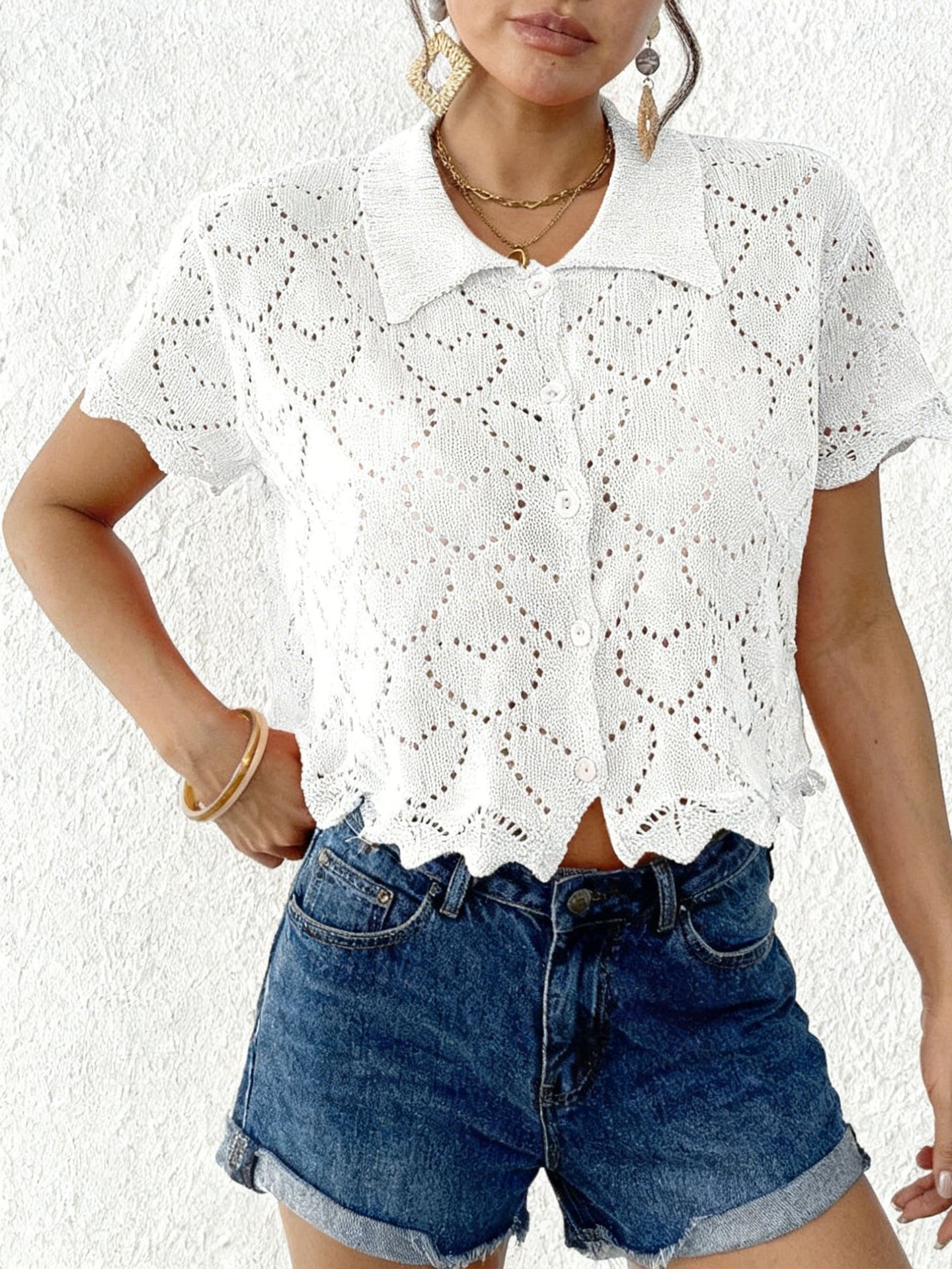 Crochet Heart Knit Button Front Cardigan Beach Cover Up