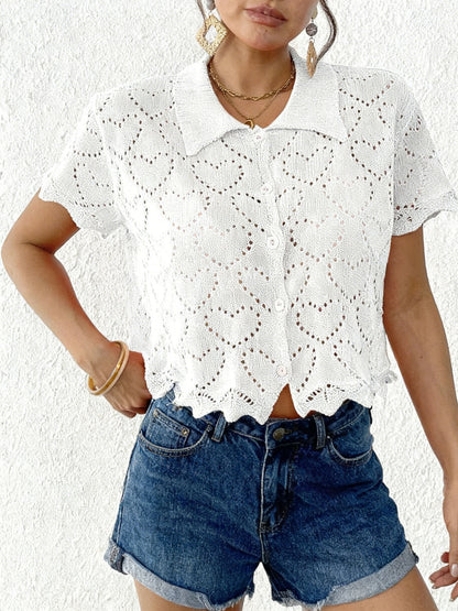 Crochet Heart Knit Button Front Cardigan Beach Cover Up