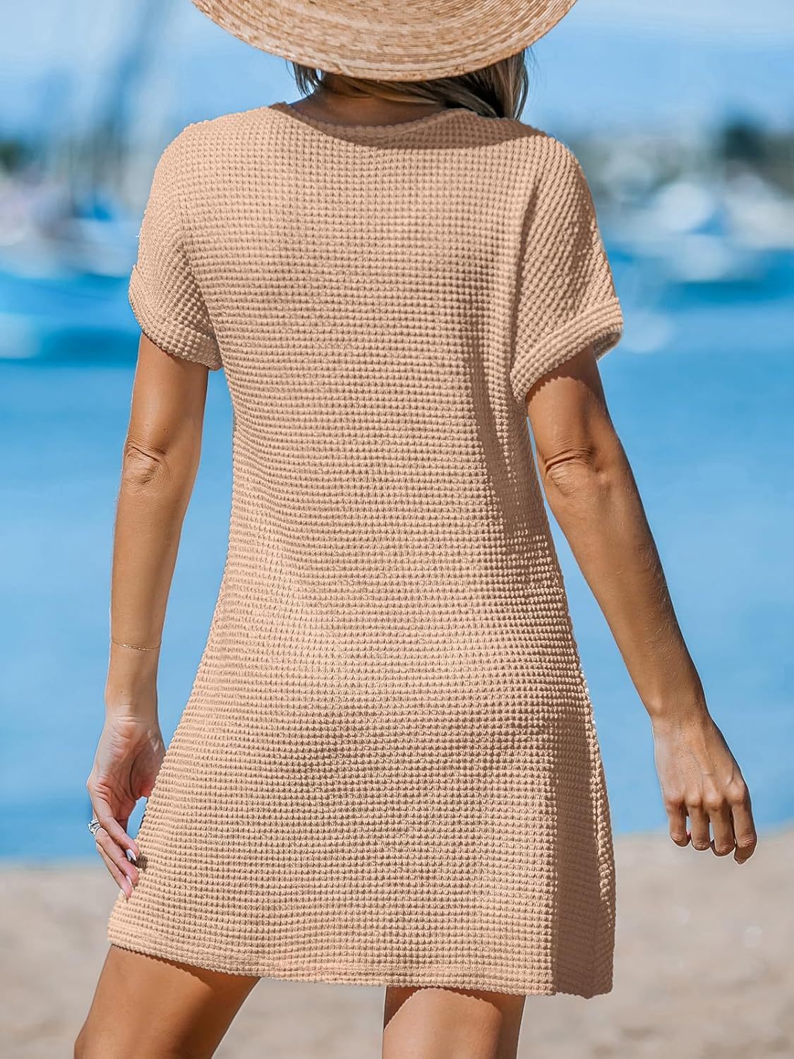 Waffle Knit V-Neck Short Sleeve Beach Cover Up Dress