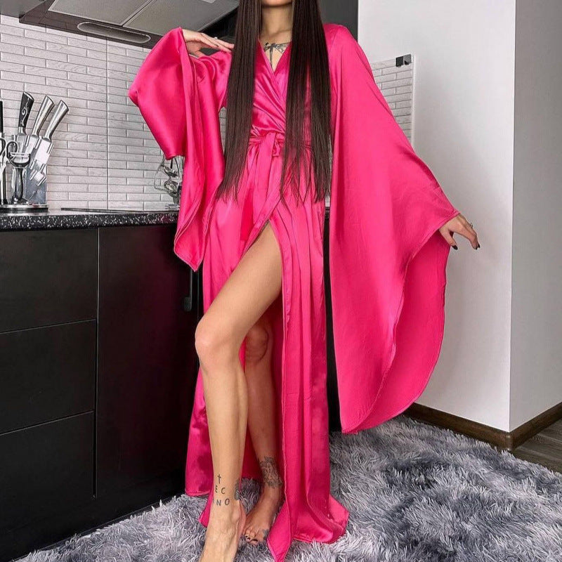 Women's Satin Maxi Wrap Dress Long Sleeve Tie Waist Slit