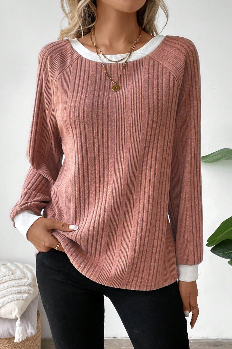 Women's Ribbed Crew Neck Long Sleeve Pullover Sweater