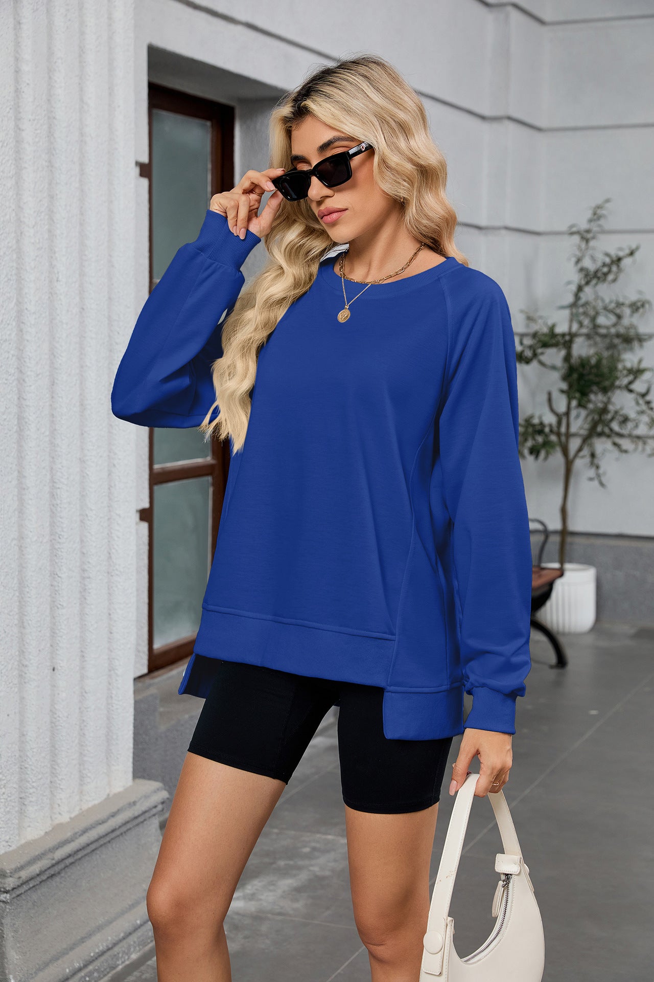 Women Oversized Crewneck Sweatshirt Long Sleeve Side Slit