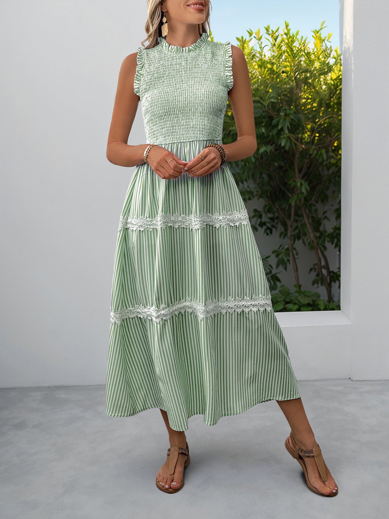 Sleeveless Striped Lace Midi Dress Ruffled A-Line Summer