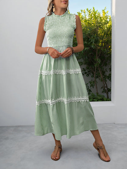 Sleeveless Striped Lace Midi Dress Ruffled A-Line Summer