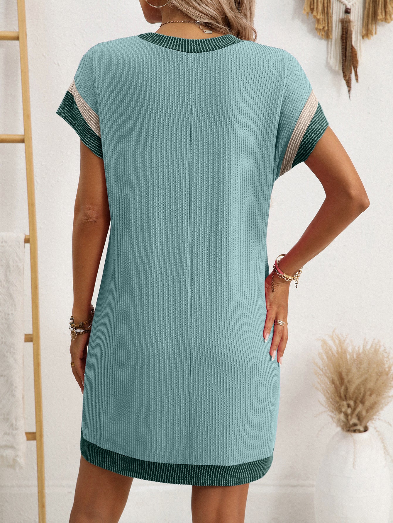 Color Block Ribbed T Shirt Dress Pocket Casual Summer