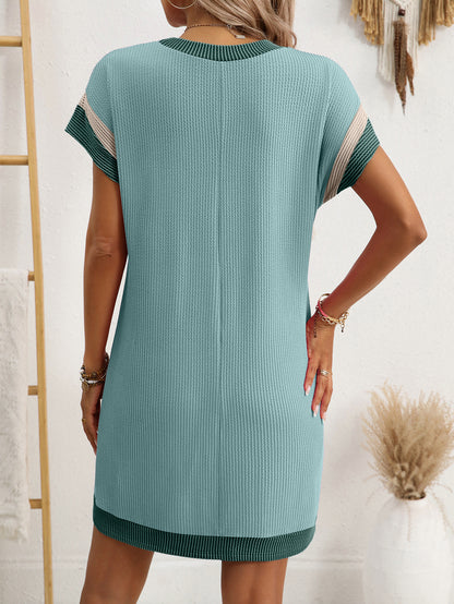 Color Block Ribbed T Shirt Dress Pocket Casual Summer