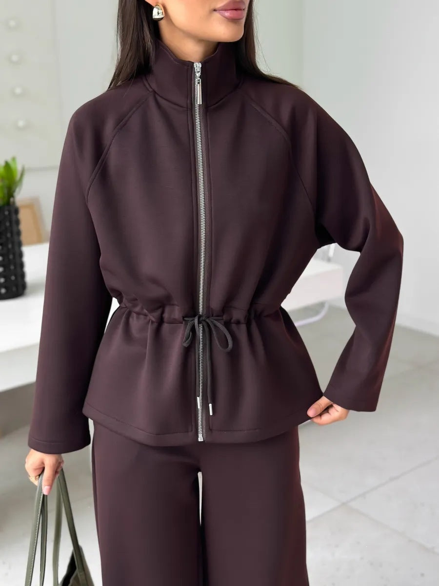 Women's Zip Up Drawstring Jacket Wide Leg Pants Set