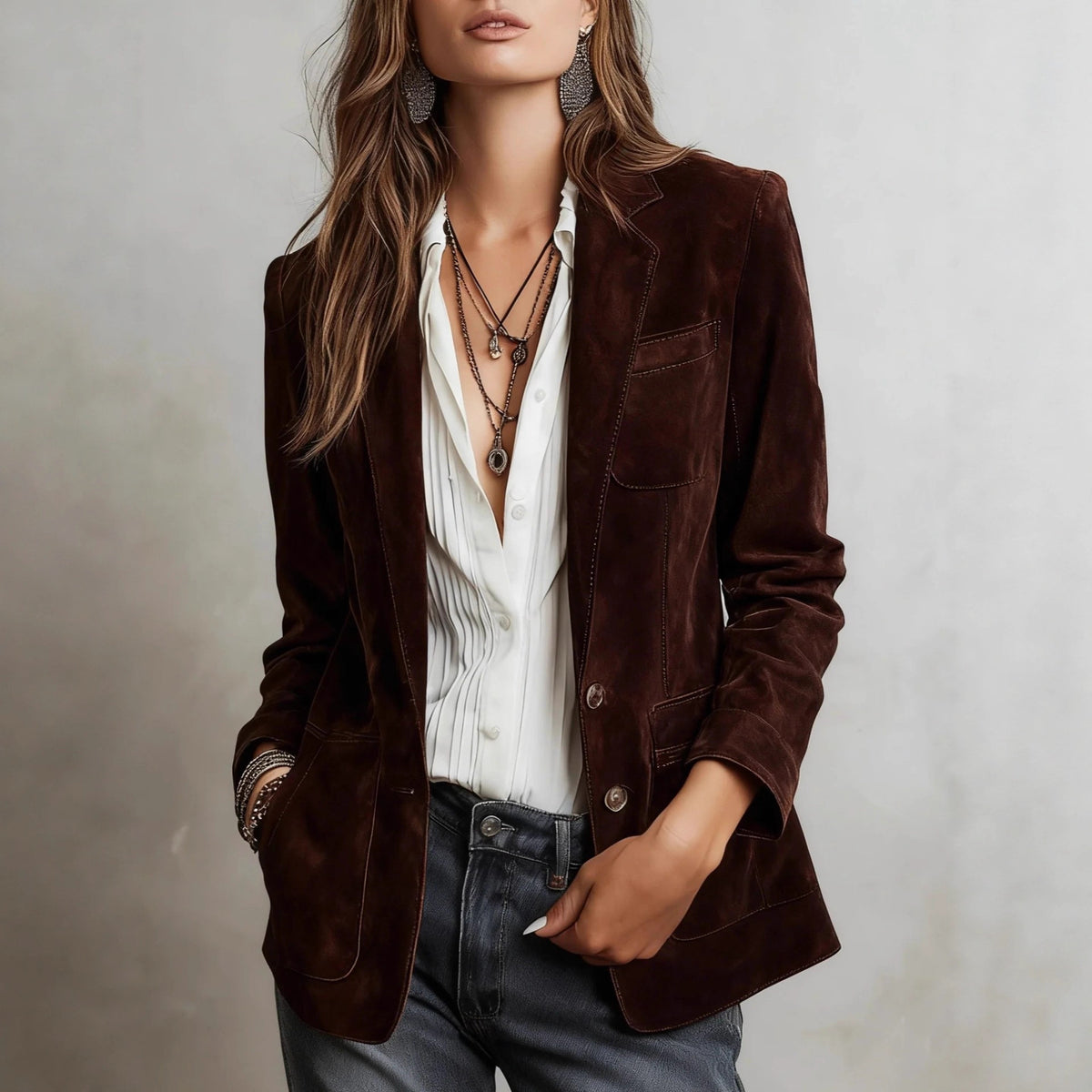 Women's Brown Faux Suede Blazer with Pockets