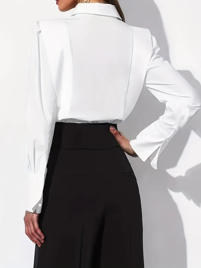 Women's Square Shoulder Button Down Blouse Long Sleeve Top