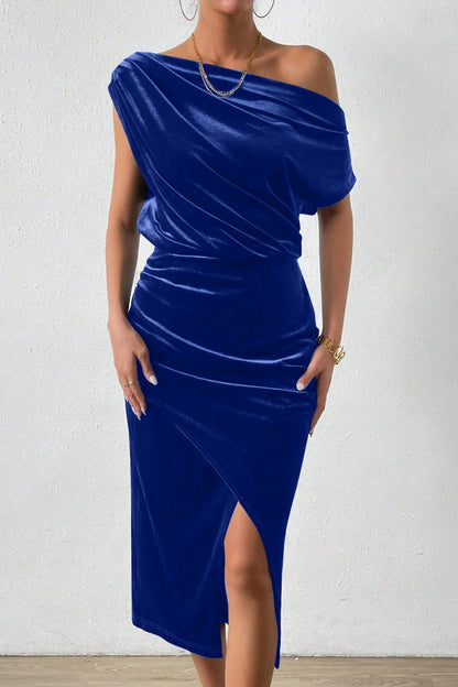 One Shoulder Velvet Midi Dress Ruched Asymmetrical Hem