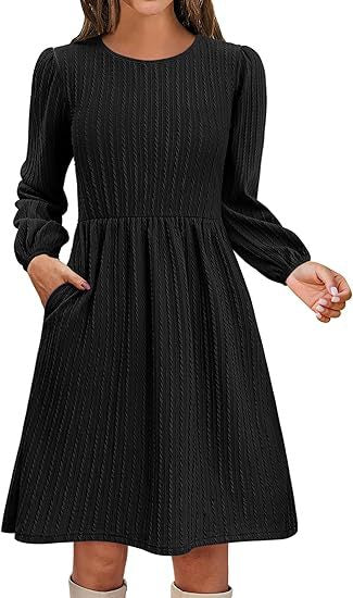 Fall Textured Knit Puff Sleeve A-Line Midi Dress