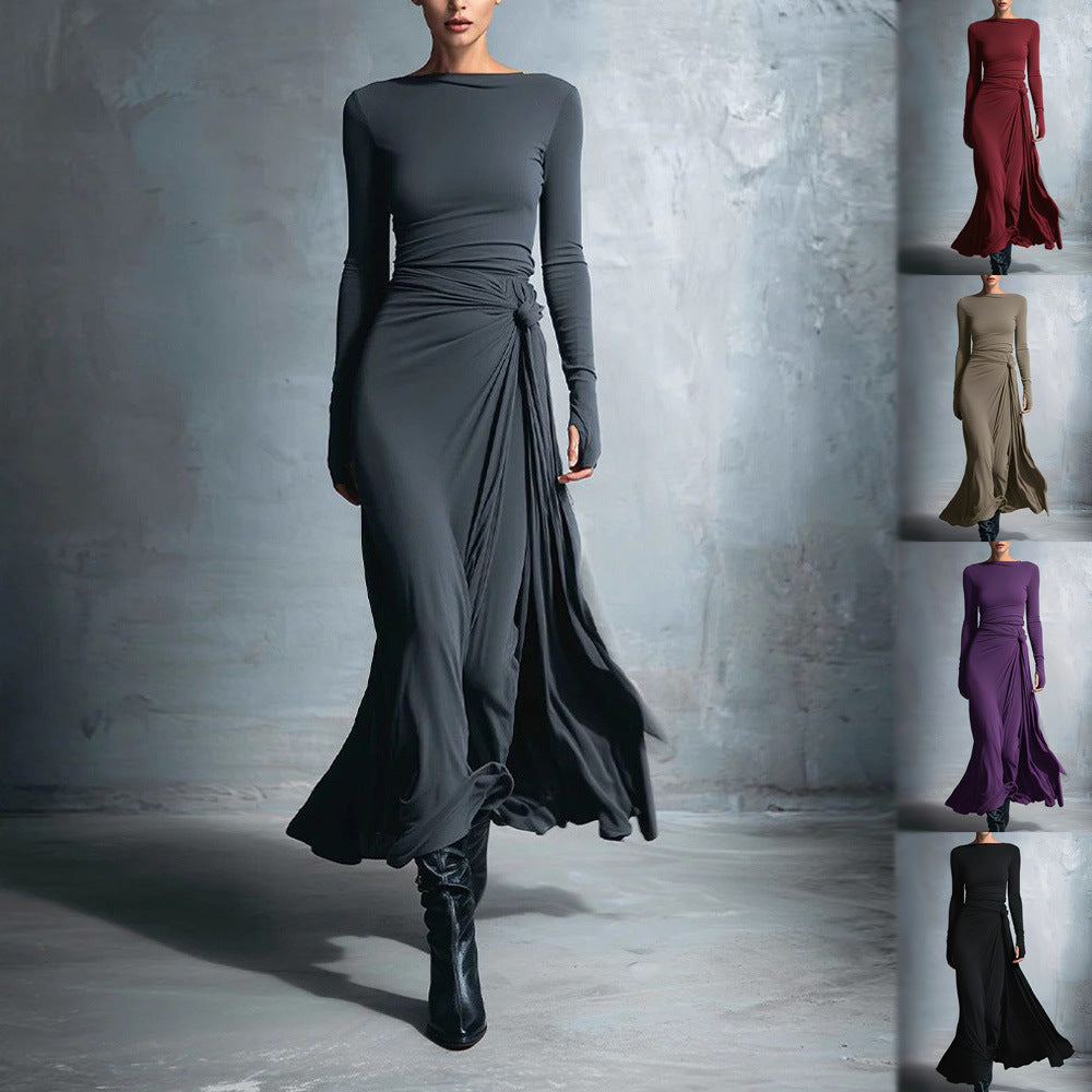 Women's Long Sleeve Knot Waist Maxi Dress A-Line