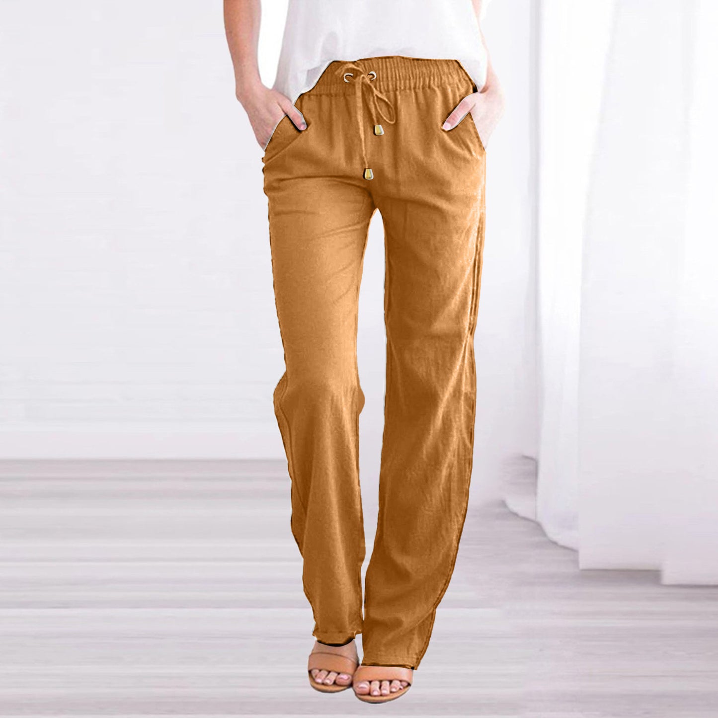 Women's Cotton Linen Drawstring Wide Leg Casual Pants