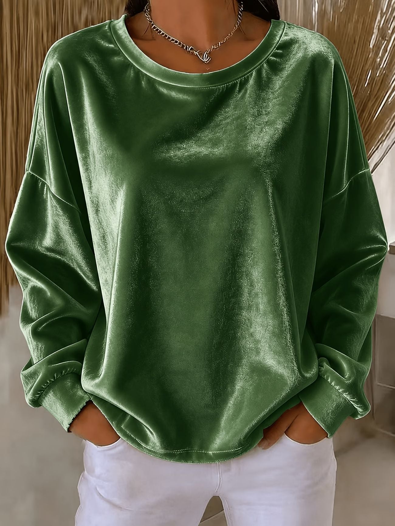 Women Velvet Long Sleeve Crew Neck Casual Tunic Top