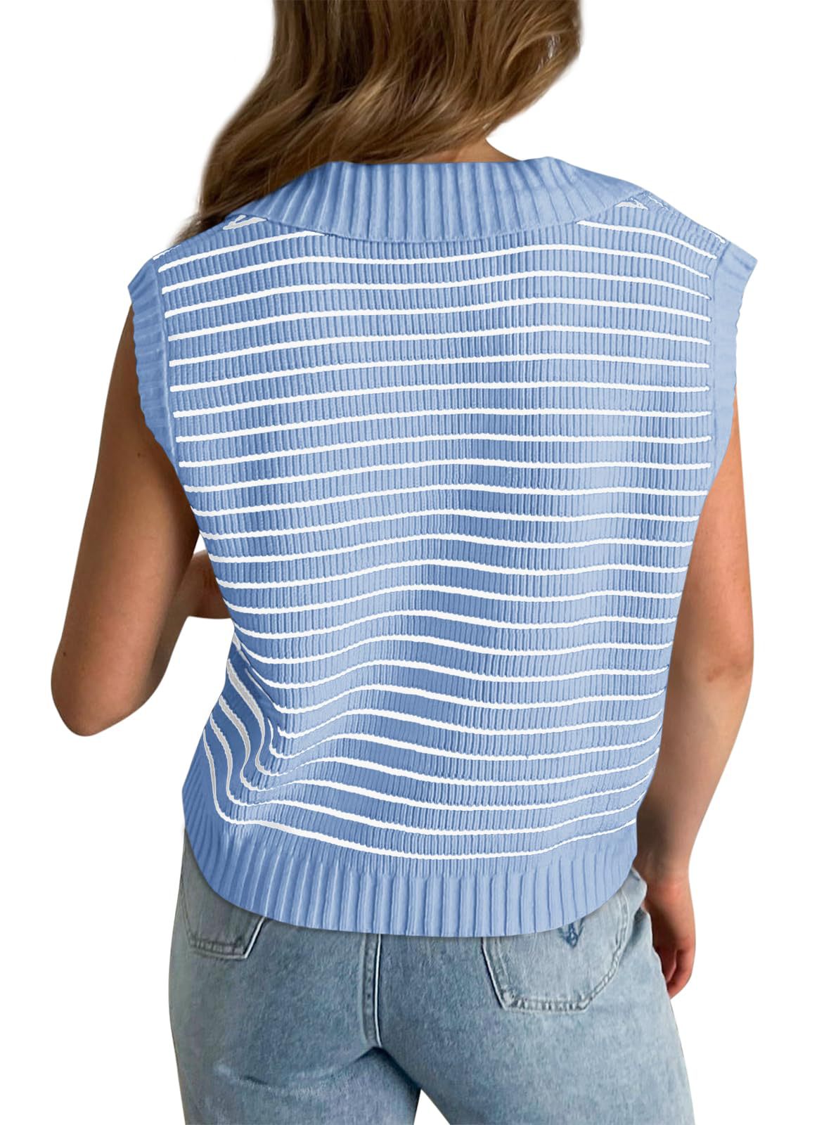 V-Neck Striped Knit Sweater, Casual Lapel Top