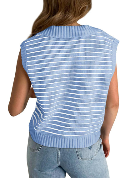 V-Neck Striped Knit Sweater, Casual Lapel Top