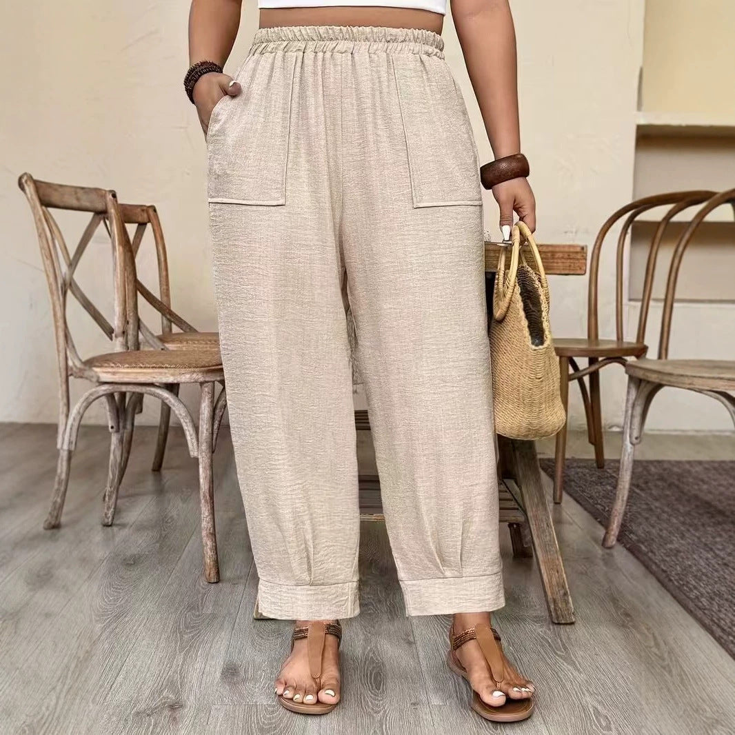 Plus Size Linen Look Elastic Waist Tapered Pants